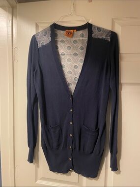 Tory Burch Navy Cardigan with Printed Peaock-Inspired Lining